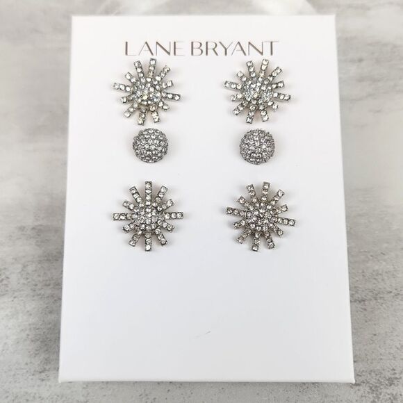 Lane Bryant Silver Tone Cubic Zirconia Star Burst and Crystal Ball Stud Earrings - Picture 2 of 5